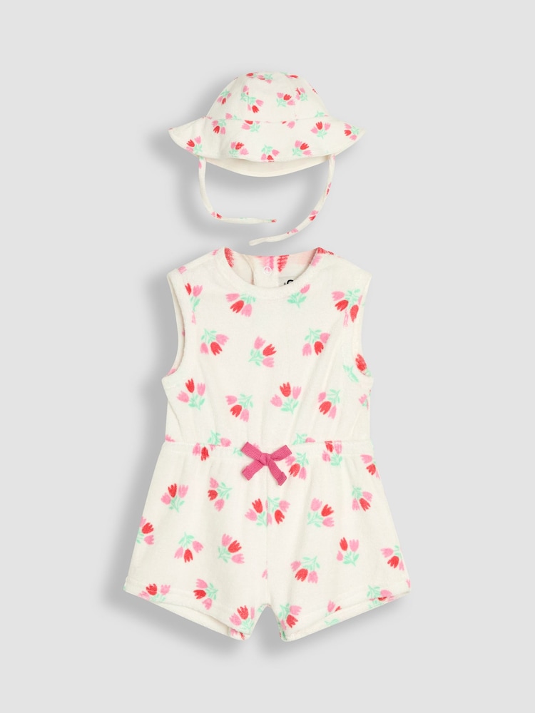 JoJo Maman Bébé Cream Floral Towelling Sunsuit & Scrunchie - Image 1 of 5