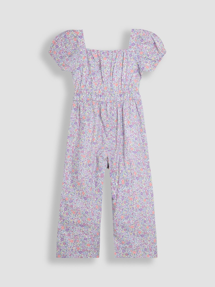 JoJo Maman Bébé Lilac Purple Ditsy Floral Print Puff Sleeve Jumpsuit - Image 2 of 3 JoJo Maman Bébé Lilac Purple Ditsy Floral Print Puff Sleeve Jumpsuit - Image 2 of 3