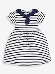 JoJo Maman Bébé White Navy Stripe Short Sleeve Sailor 100% Cotton Dress - Image 2 of 4