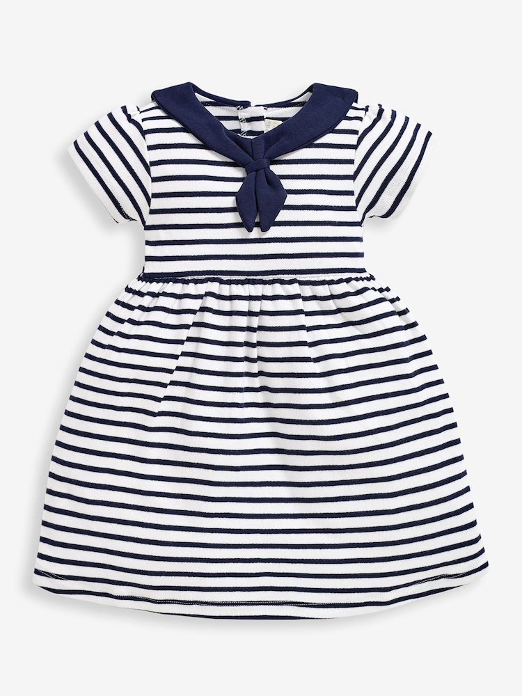 JoJo Maman Bébé White Navy Stripe Short Sleeve Sailor 100% Cotton Dress - Image 2 of 4