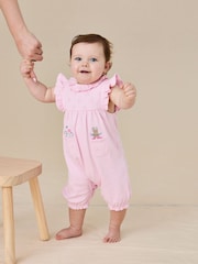 JoJo Maman Bébé Pink Flopsy Bunny Frill Broderie Romper - Image 1 of 7