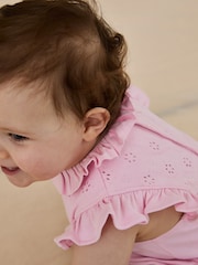 JoJo Maman Bébé Pink Flopsy Bunny Frill Broderie Romper - Image 4 of 7