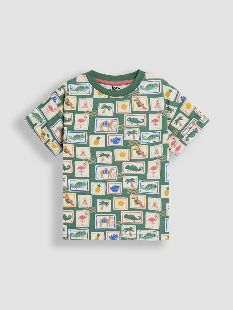 JoJo Maman Bébé Khaki Tropical Postcard 2-Piece Printed T-Shirt & Short Set - Image 2 of 6