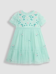 JoJo Maman Bébé Mint Green Floral Embroidered Tiered Tulle Party Dress - Image 1 of 3