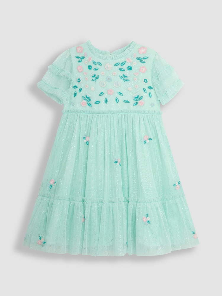 JoJo Maman Bébé Mint Green Floral Embroidered Tiered Tulle Party Dress - Image 1 of 3