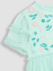 JoJo Maman Bébé Mint Green Floral Embroidered Tiered Tulle Party Dress - Image 3 of 3