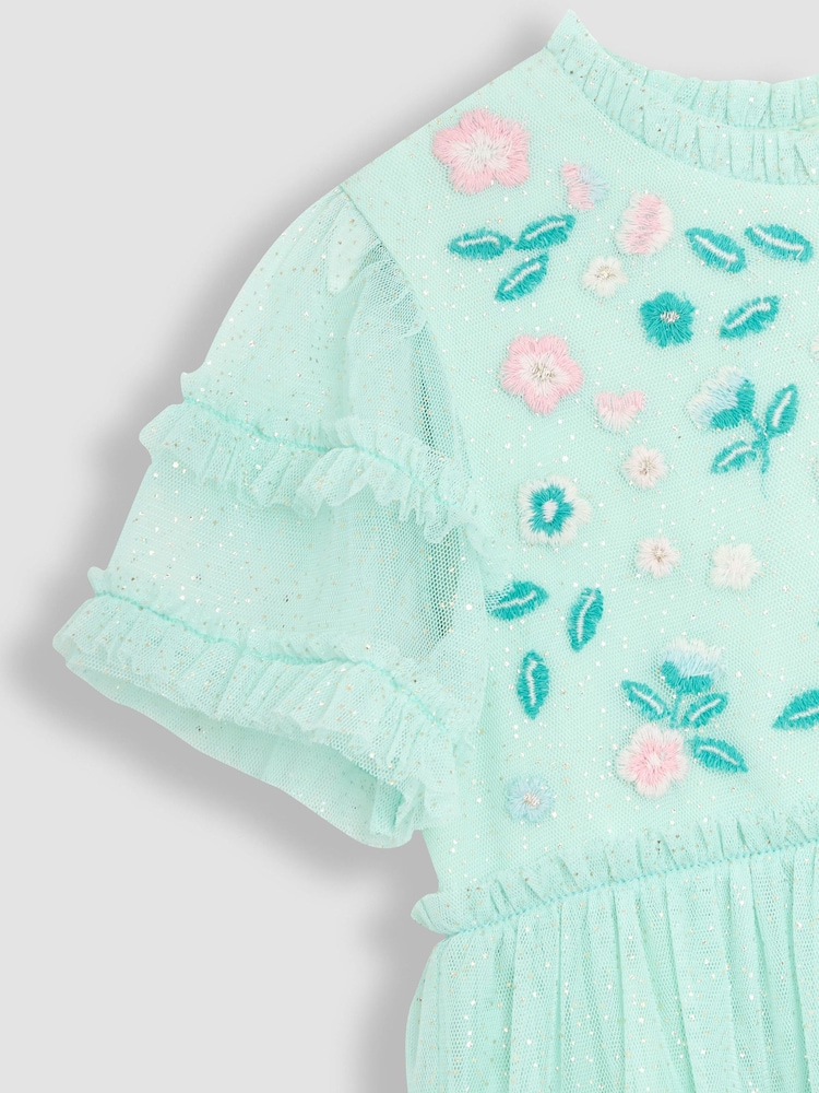 JoJo Maman Bébé Mint Green Floral Embroidered Tiered Tulle Party Dress - Image 3 of 3