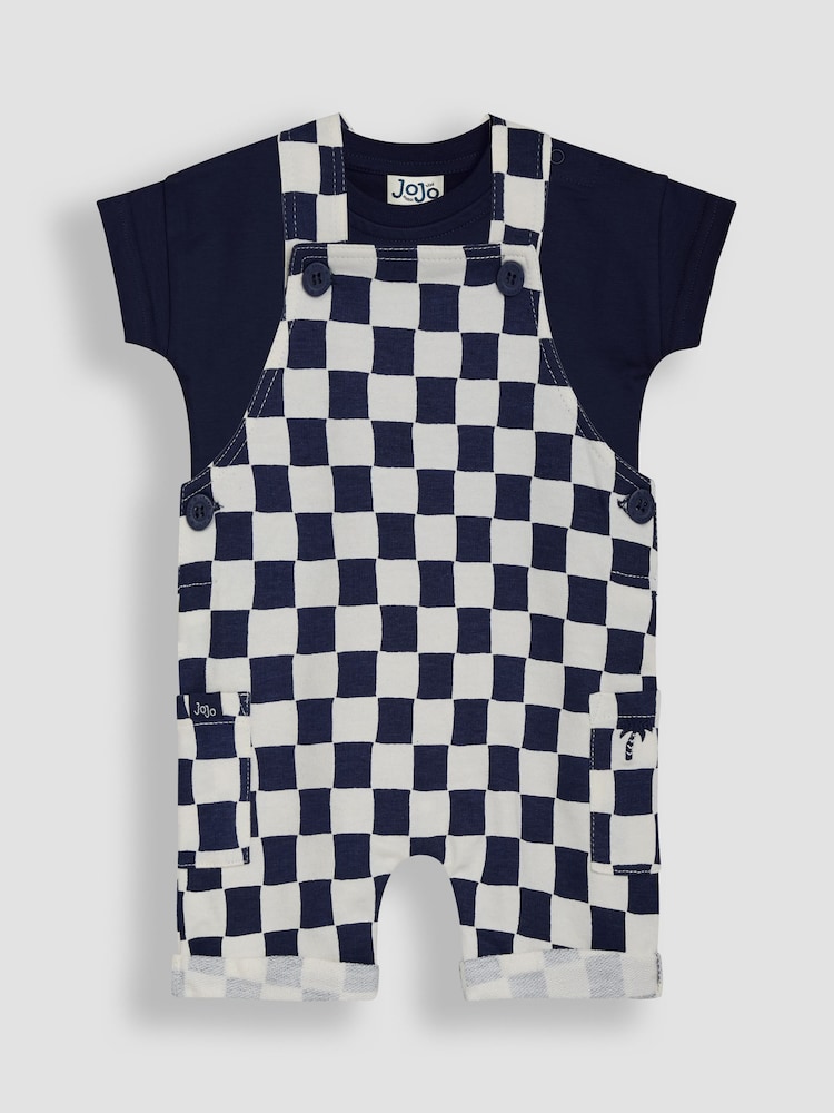 JoJo Maman Bébé Navy 2-Piece Checkerboard Dungarees & T-Shirt Set - Image 1 of 6