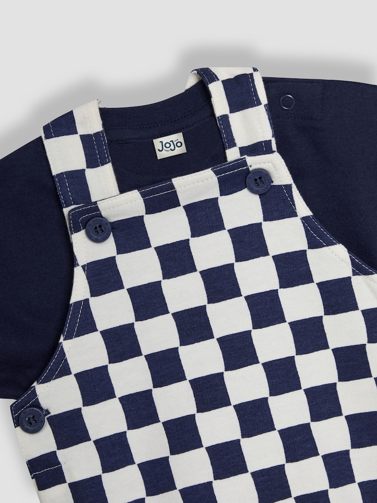 JoJo Maman Bébé Navy 2-Piece Checkerboard Dungarees & T-Shirt Set - Image 6 of 6
