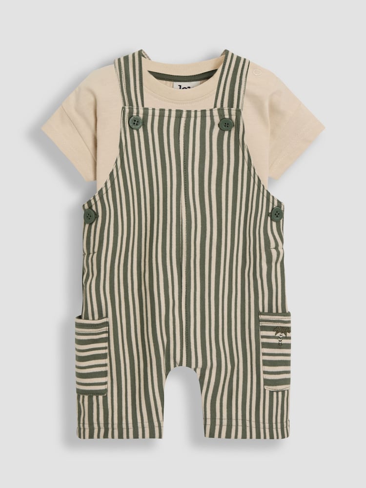 JoJo Maman Bébé Khaki 2-Piece Stripe Dungarees & T-Shirt Set - Image 1 of 7 JoJo Maman Bébé Khaki 2-Piece Stripe Dungarees & T-Shirt Set - Image 1 of 7