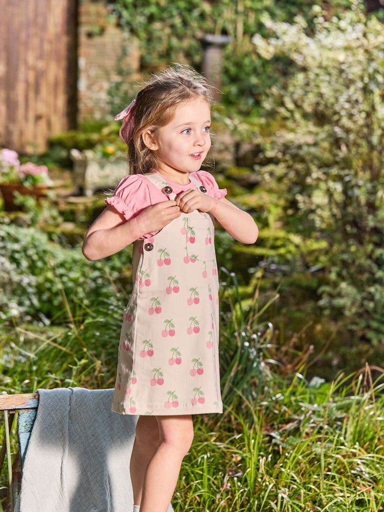 JoJo Maman Bébé Ecru Cherry 2-Piece Dungaree Dress & T-Shirt Set - Image 1 of 8