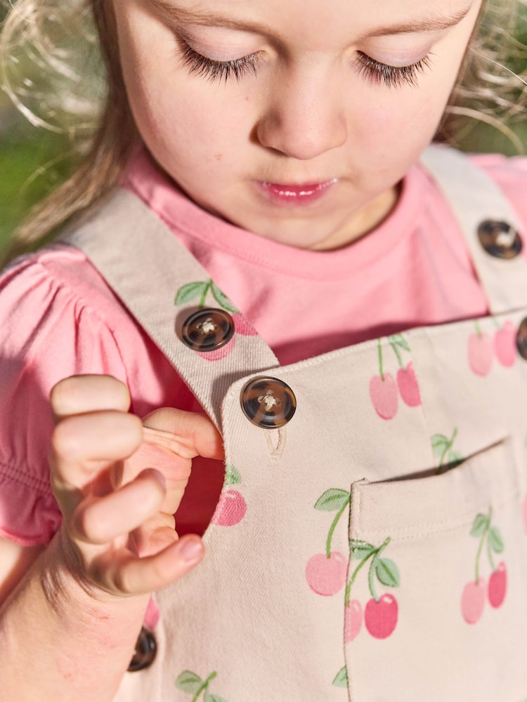 JoJo Maman Bébé Ecru Cherry 2-Piece Dungaree Dress & T-Shirt Set - Image 2 of 8