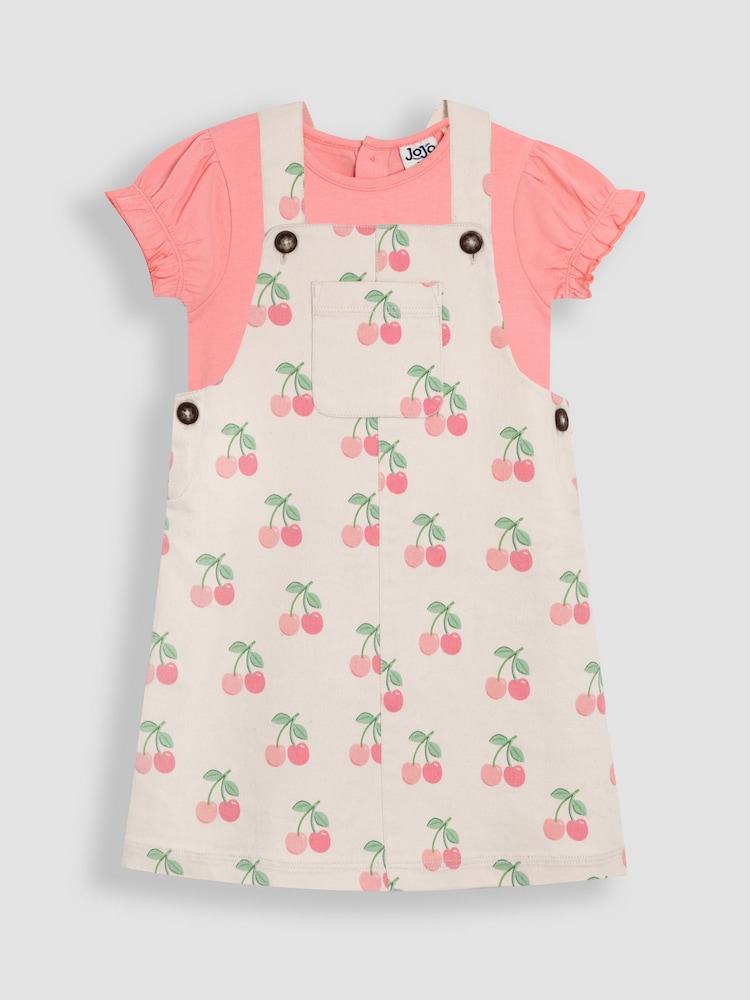 JoJo Maman Bébé Ecru Cherry 2-Piece Dungaree Dress & T-Shirt Set - Image 3 of 8
