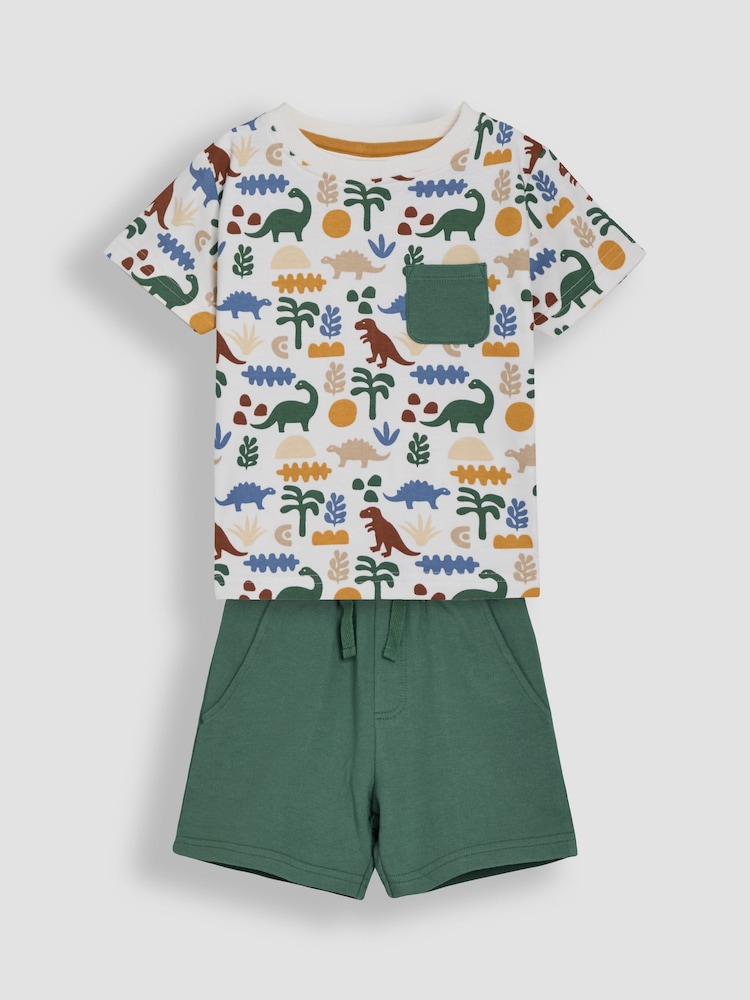 JoJo Maman Bébé Khaki Dino 2-Piece Printed T-Shirt & Short Set - Image 2 of 8