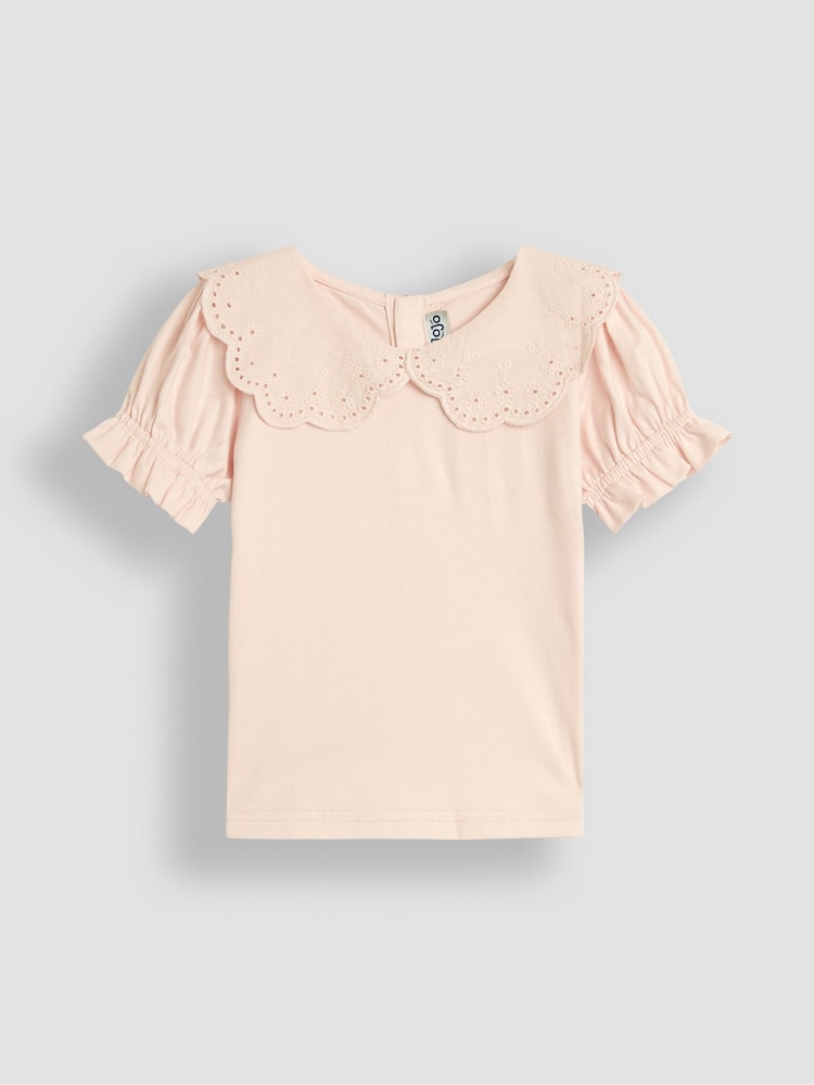 JoJo Maman Bébé Pink Broderie Collar T-Shirt - Image 1 of 3