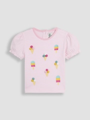 JoJo Maman Bébé Pink Ice Cream Embroidered Puff Sleeve Pom-Pom T-Shirt - Image 1 of 3