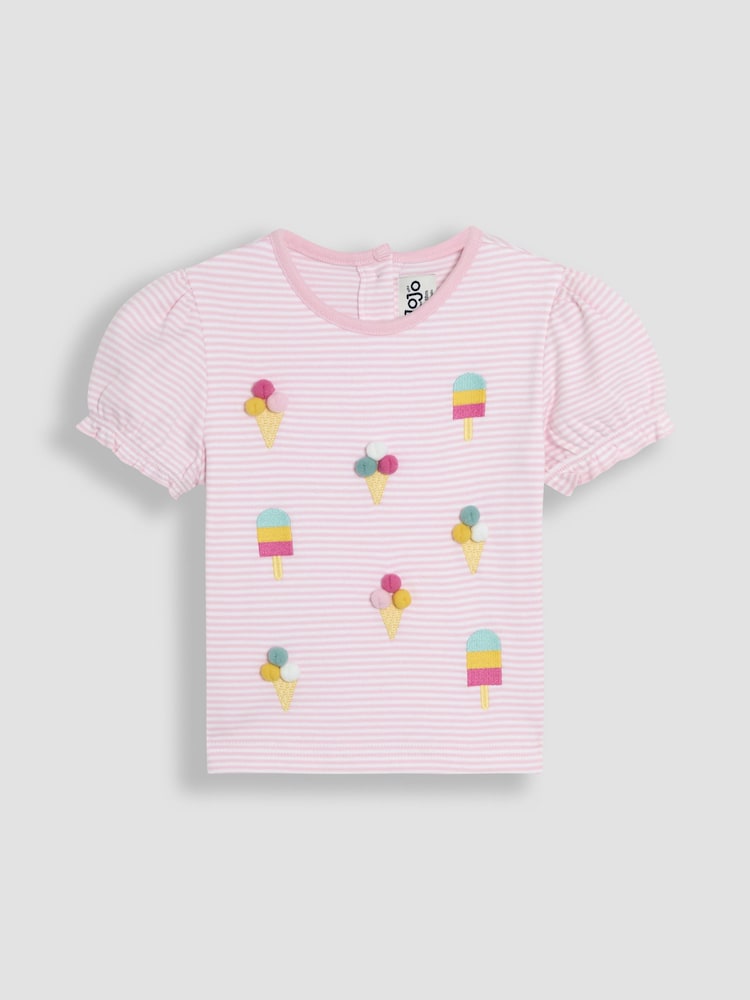 JoJo Maman Bébé Pink Ice Cream Embroidered Puff Sleeve Pom-Pom T-Shirt - Image 1 of 3