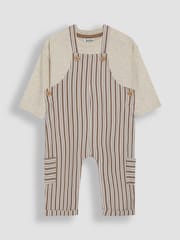 JoJo Maman Bébé Stone Stripe 100% Cotton Dungarees & Top Set - Image 1 of 6