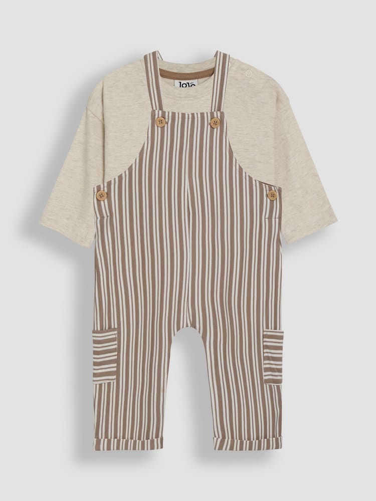 JoJo Maman Bébé Stone Stripe 100% Cotton Dungarees & Top Set - Image 1 of 6