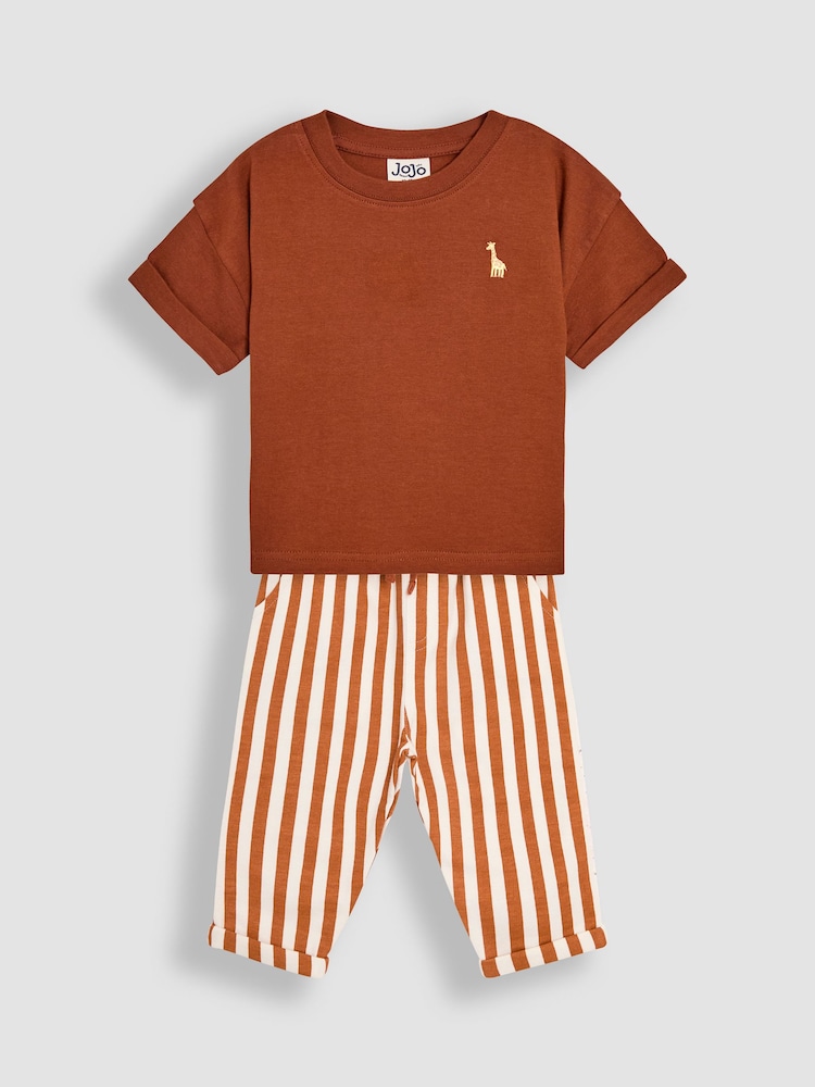 JoJo Maman Bébé Brown Giraffe Print 100% Cotton T-Shirt & Stripe Joggers Set 2 Piece - Image 1 of 10