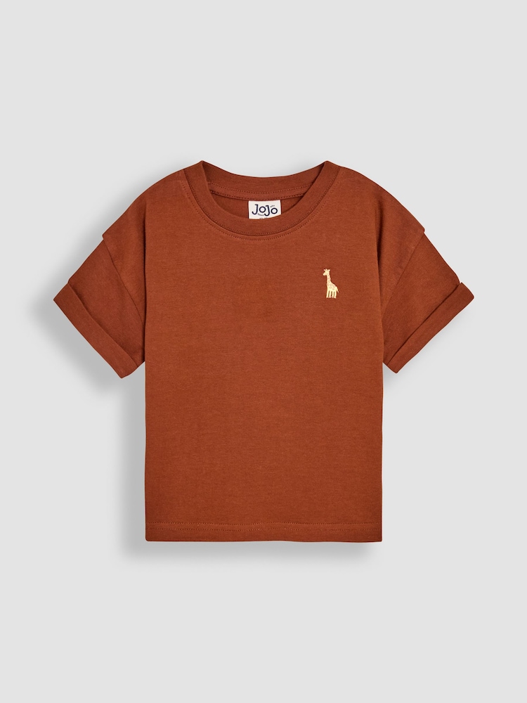 JoJo Maman Bébé Brown Giraffe Print 100% Cotton T-Shirt & Stripe Joggers Set 2 Piece - Image 2 of 10