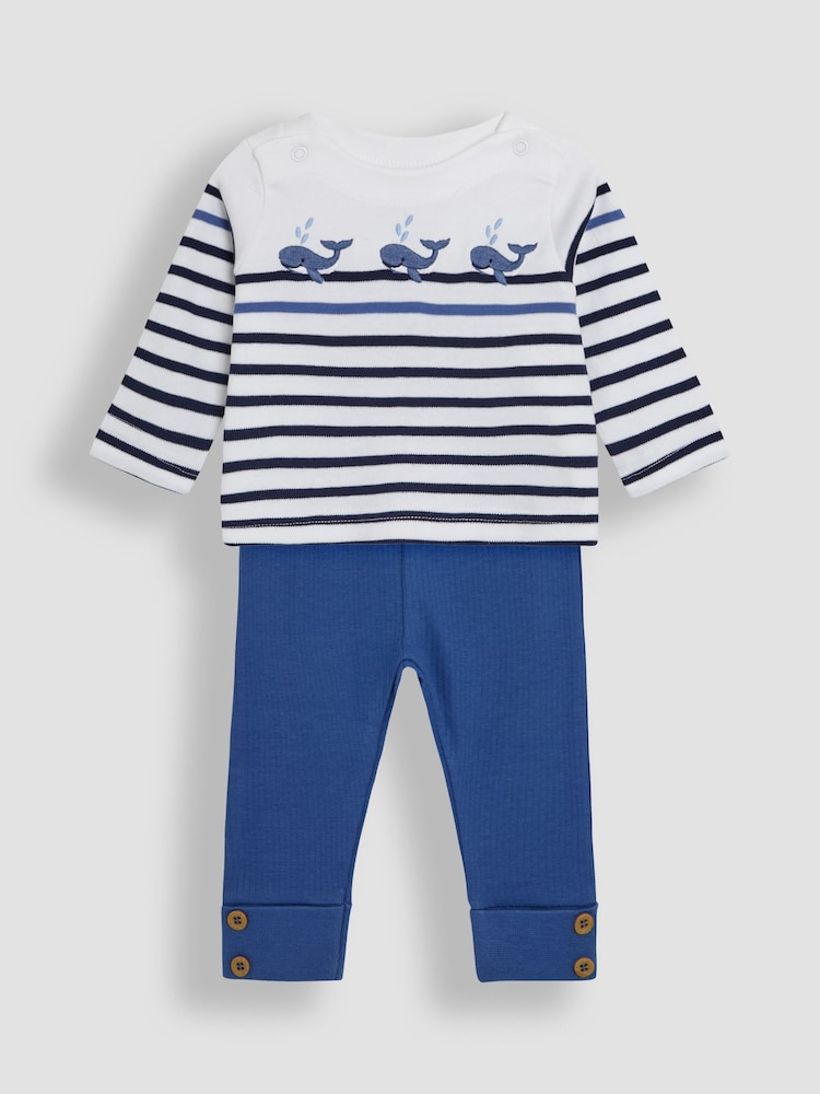 JoJo Maman Bébé White Whale 2-Piece Embroidered Top & Rib Leggings Set - Image 1 of 6