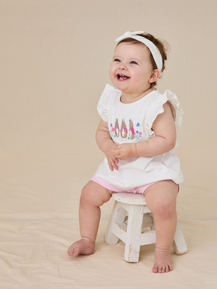 JoJo Maman Bébé Pink Embroidered Flopsy Bunny Frill Broderie 100% Cotton Romper - Image 1 of 8 JoJo Maman Bébé Pink Embroidered Flopsy Bunny Frill Broderie 100% Cotton Romper - Image 1 of 8