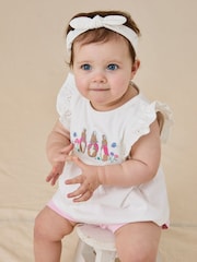JoJo Maman Bébé Pink Embroidered Flopsy Bunny Frill Broderie 100% Cotton Romper - Image 2 of 8
