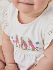 JoJo Maman Bébé Pink Embroidered Flopsy Bunny Frill Broderie 100% Cotton Romper - Image 3 of 8