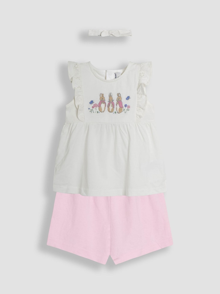 JoJo Maman Bébé Pink Embroidered Flopsy Bunny Frill Broderie 100% Cotton Romper - Image 5 of 8