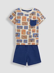 JoJo Maman Bébé Ecru Safari Postcard 2-Piece Printed T-Shirt & Short Set - Image 1 of 7