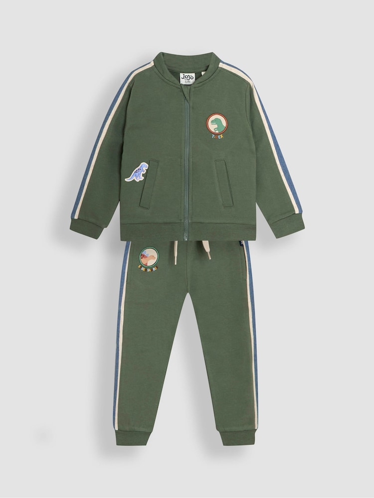 JoJo Maman Bébé Khaki Green Dino 2-Piece Zip-Up Tracksuit - Image 1 of 6