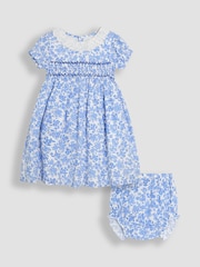 JoJo Maman Bébé Blue Floral Smocked Woven 100% Cotton Dress - Image 1 of 6