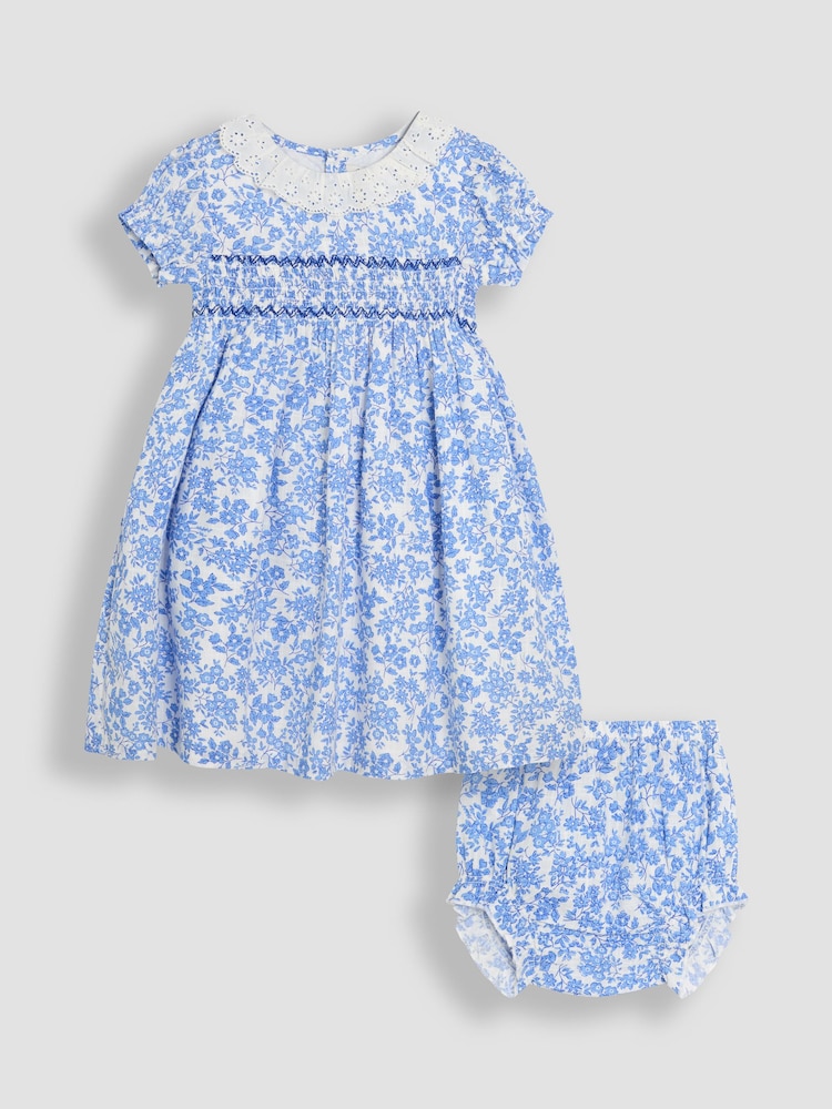 JoJo Maman Bébé Blue Floral Smocked Woven 100% Cotton Dress - Image 1 of 6