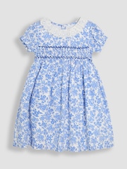 JoJo Maman Bébé Blue Floral Smocked Woven 100% Cotton Dress - Image 2 of 6