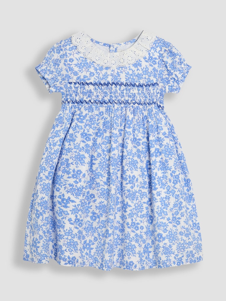 JoJo Maman Bébé Blue Floral Smocked Woven 100% Cotton Dress - Image 2 of 6