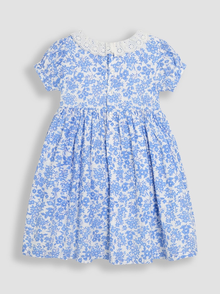 JoJo Maman Bébé Blue Floral Smocked Woven 100% Cotton Dress - Image 3 of 6
