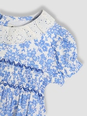 JoJo Maman Bébé Blue Floral Smocked Woven 100% Cotton Dress - Image 6 of 6