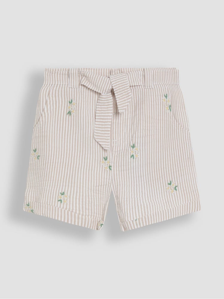 JoJo Maman Bébé Natural Floral Seersucker Embroidered Turn-Up Hem Shorts - Image 1 of 3 JoJo Maman Bébé Natural Floral Seersucker Embroidered Turn-Up Hem Shorts - Image 1 of 3