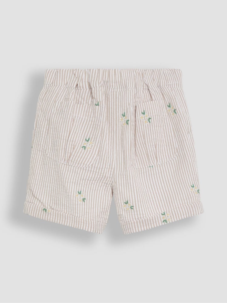 JoJo Maman Bébé Natural Floral Seersucker Embroidered Turn-Up Hem Shorts - Image 2 of 3
