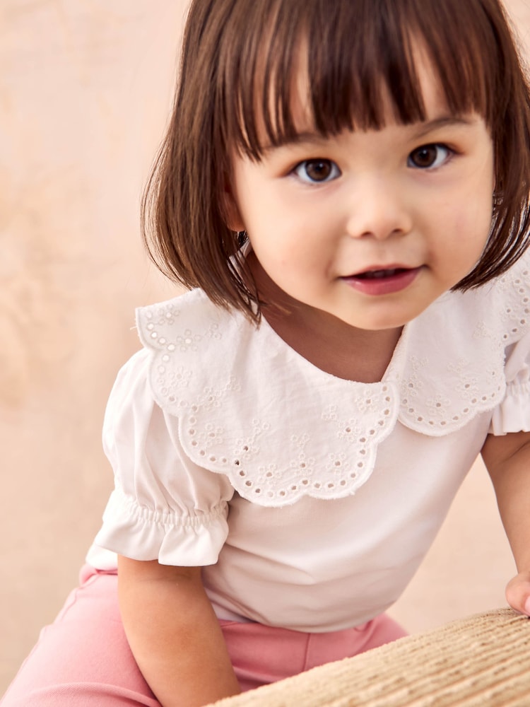 JoJo Maman Bébé White Broderie Collar T-Shirt - Image 1 of 4