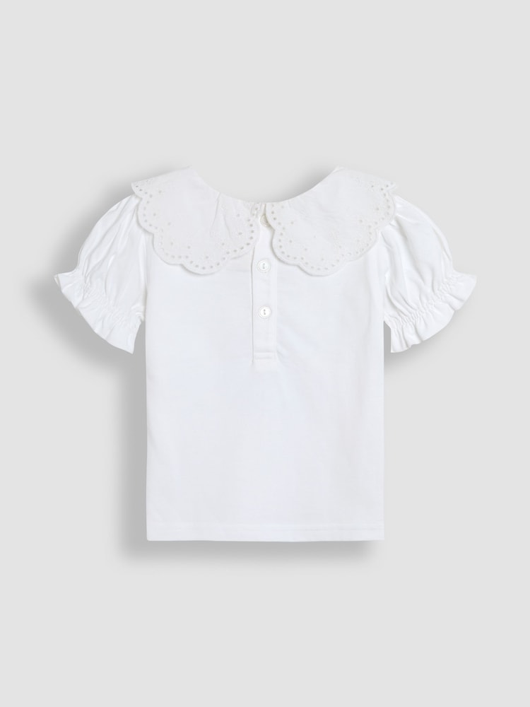 JoJo Maman Bébé White Broderie Collar T-Shirt - Image 2 of 4