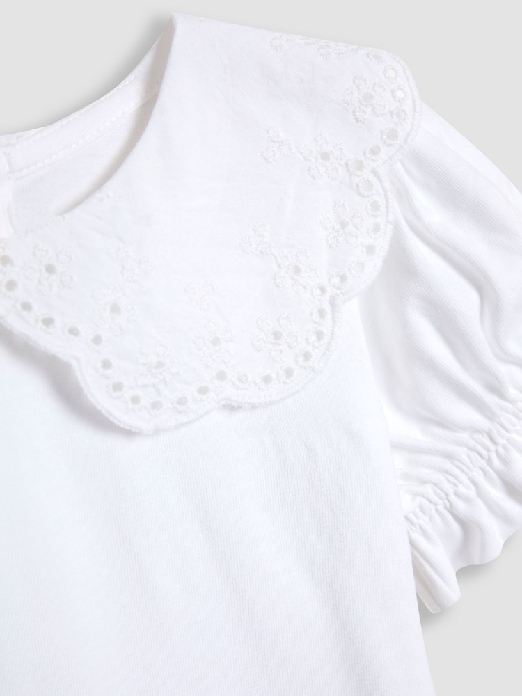 JoJo Maman Bébé White Broderie Collar T-Shirt - Image 4 of 4