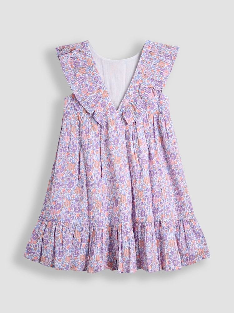 JoJo Maman Bébé Lilac Purple Tropical Frill Back Summer 100% Cotton Dress - Image 2 of 3