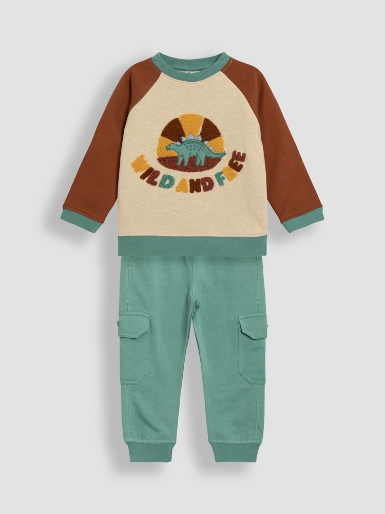 Jojo Maman Bébé Dino Appliqué zgornji del trenirke; majica za treniranje & kargo hlače (z žepi na hlačnicah) lahke hlače za prosti čas Set - Slika 1 iz 6 Jojo Maman Bébé Dino Appliqué zgornji del trenirke; majica za treniranje & kargo hlače (z žepi na hlačnicah) lahke hlače za prosti čas Set - Slika 1 iz 6