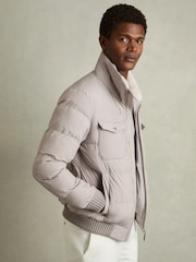 Reiss Grey Misty Faux-Fur Collar Puffer Jacket - Image 1 of 7
