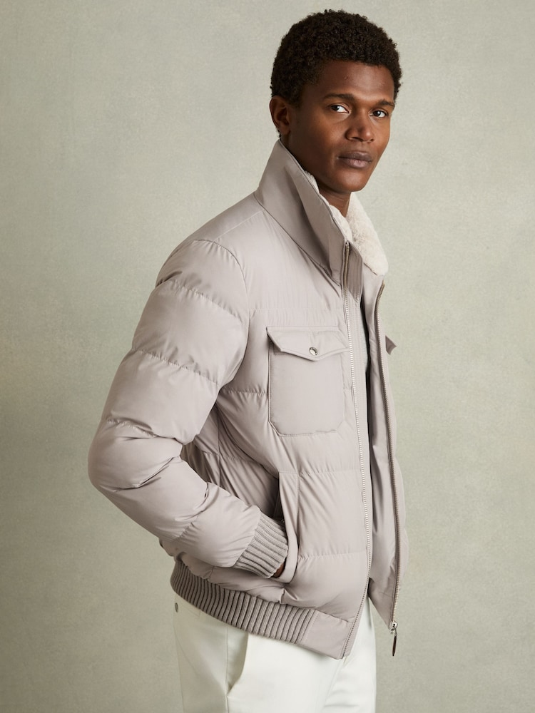 Reiss Grey Misty Faux-Fur Collar Puffer Jacket - Image 1 of 7
