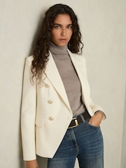 Reiss White Tally Tailored Fit Textured Double Breasted Blazer - Image 1 of 6