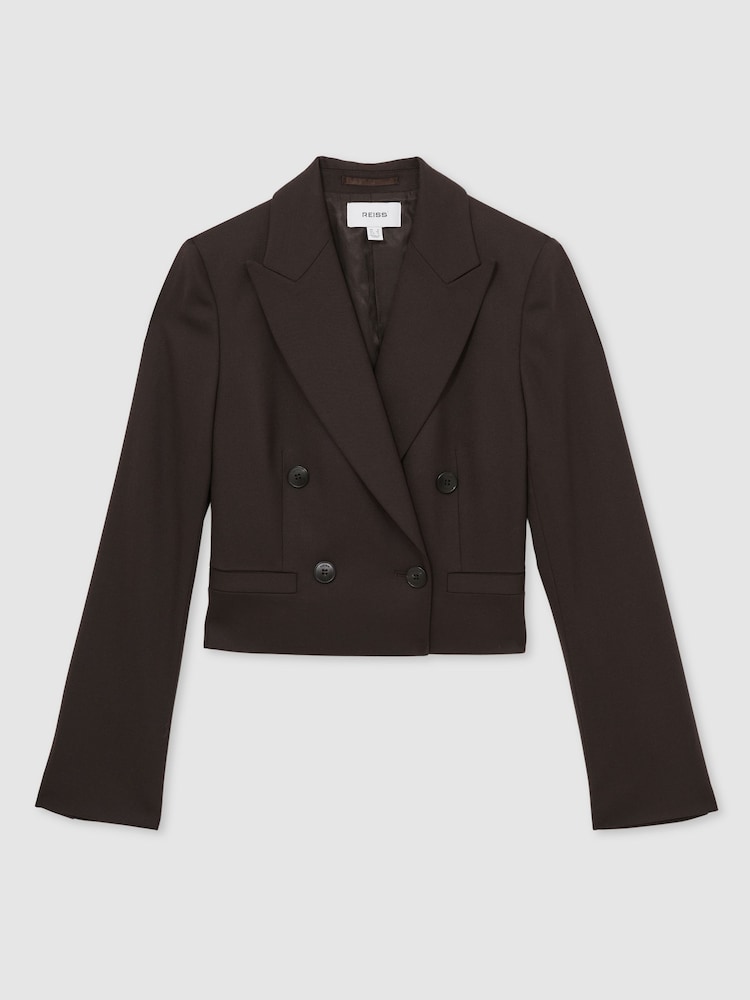 Reiss Chocolate Brown Orianna Double-Breasted Cropped Blazer Wool-Blend - Image 2 of 7