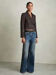 Reiss Chocolate Brown Orianna Double-Breasted Cropped Blazer Wool-Blend - Image 3 of 7